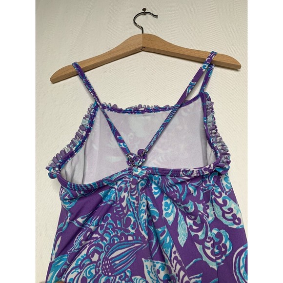 Lands End Girls Ruffle Bodice Tankini Top Wild Violet Tropical Floral Size 10 - Picture 6 of 10